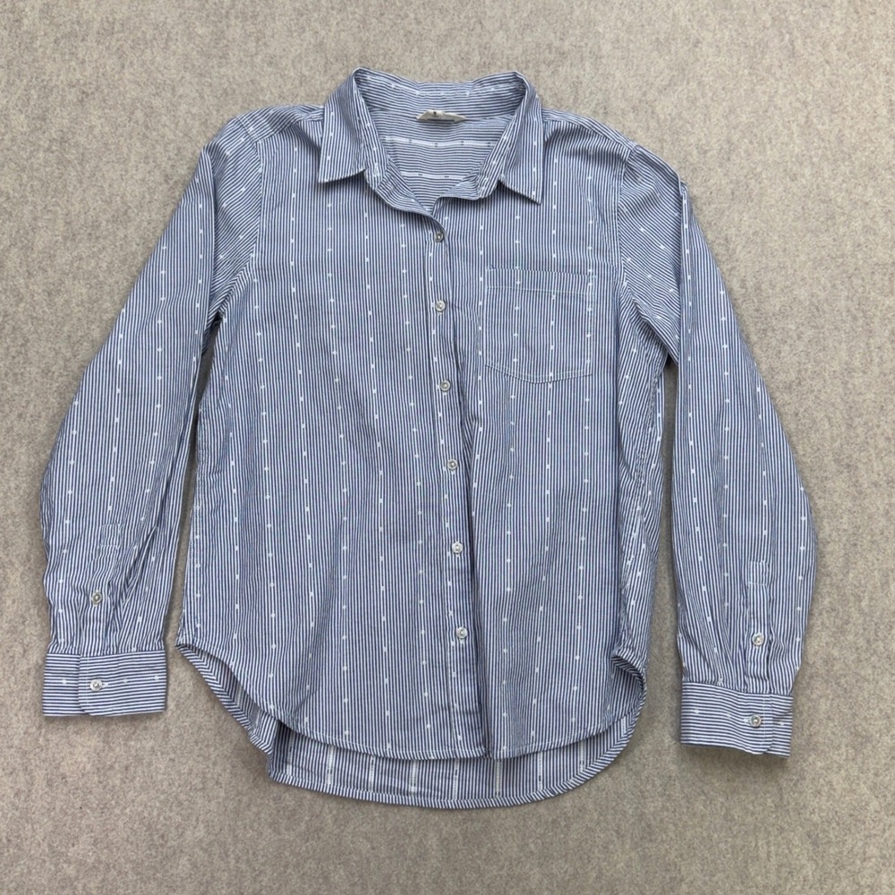Lucky Brand Button Down Shirt Womens M Blue Striped Dots Coastal Preppy Office